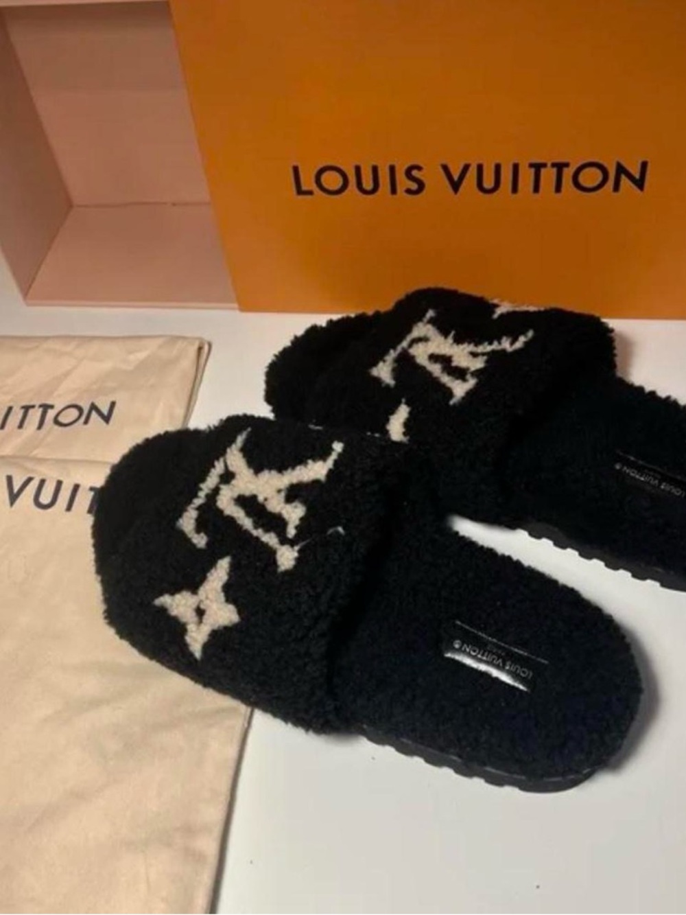 Louis Vuitton Black Fuzzy Shearling Slide